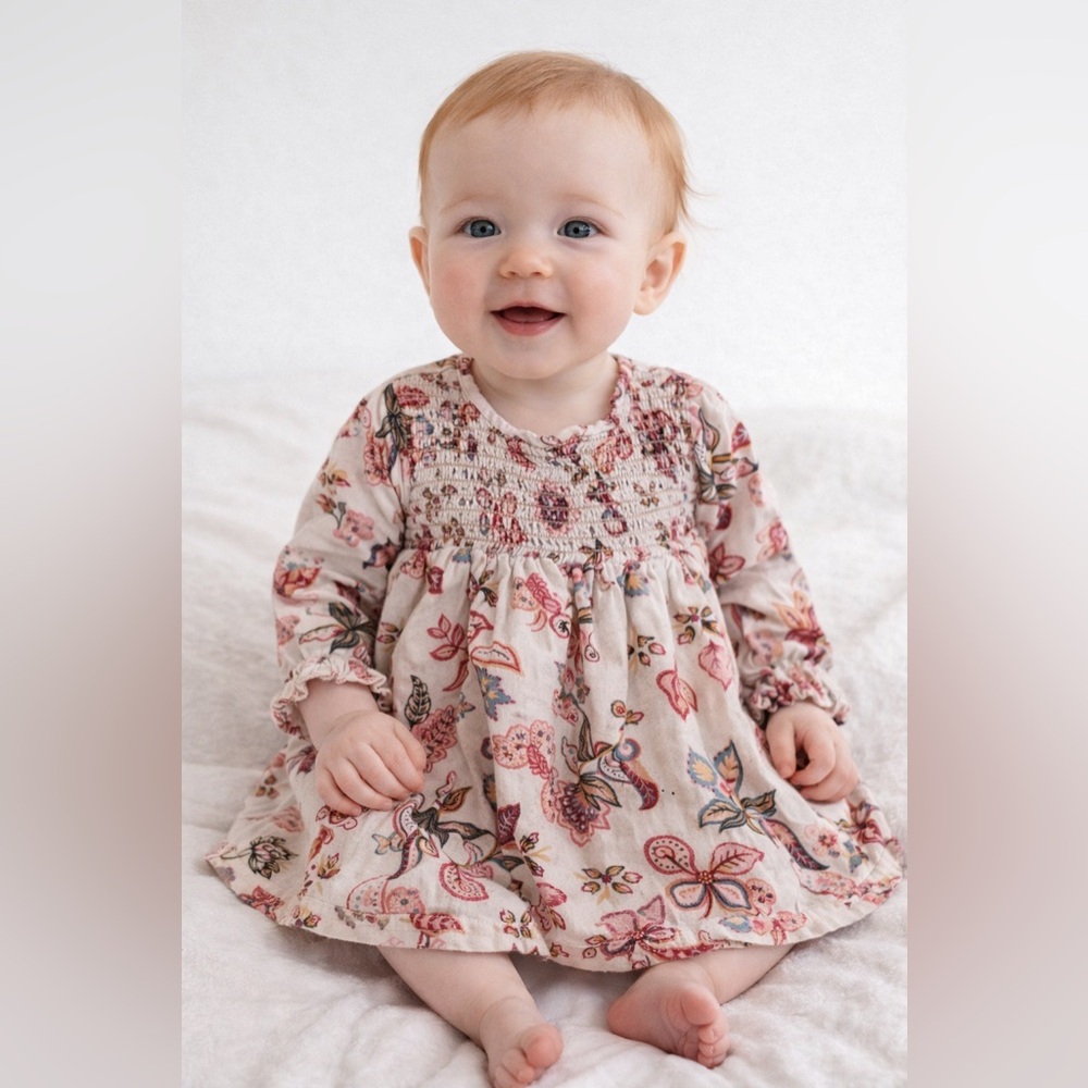 Old Navy Baby Girl Floral Smocked Dress Long Sleeve Pink | Size 12-18 M